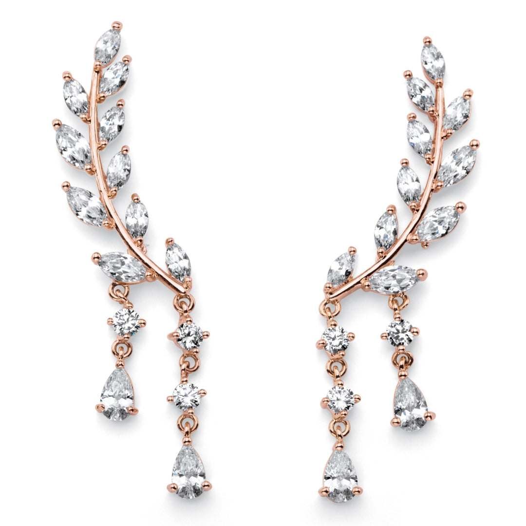 Marquise and Pear-Cut White Crystal Laurel Leaf and Hanging Crystal Accent Ear Climber Earrings Rose Gold-Plated 1 5/8" Image 1