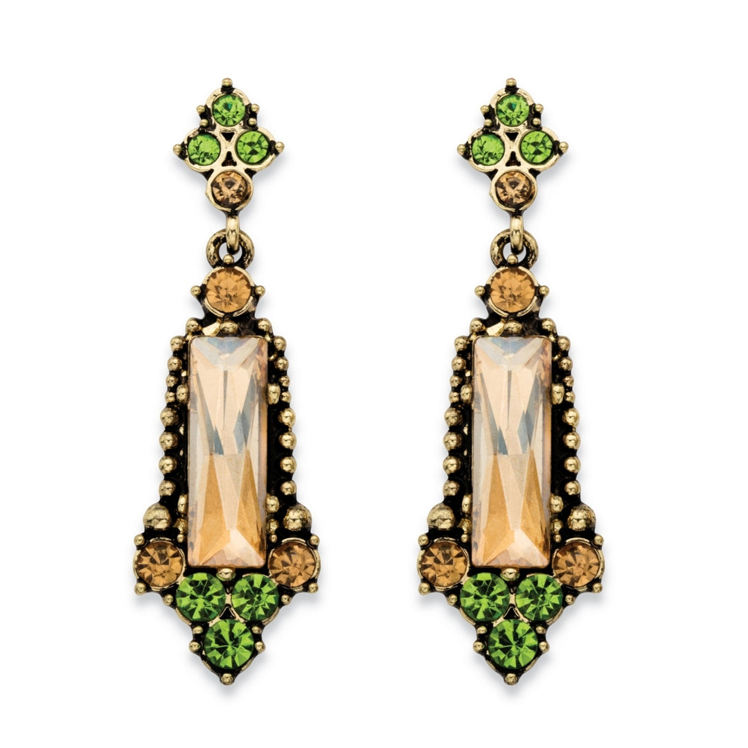 Baguette-Cut Champagne and Round Green Faceted Simulated Crystal Vintage-Style Drop Earrings in Antiqued Gold Tone 2" Image 1