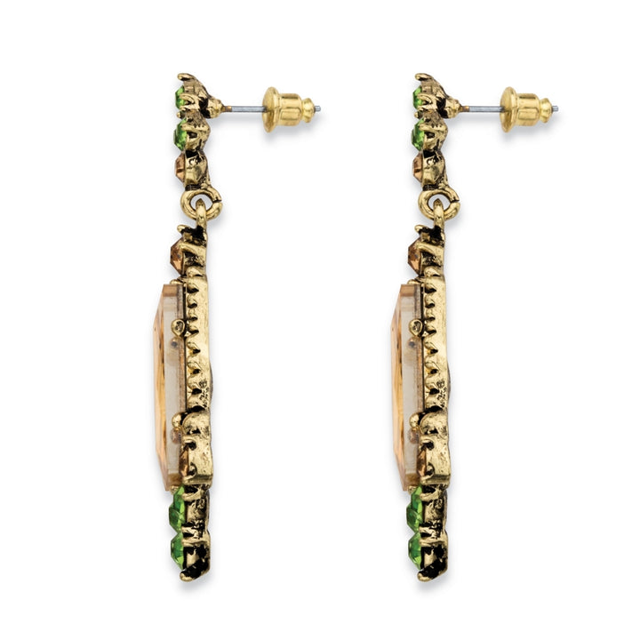 Baguette-Cut Champagne and Round Green Faceted Simulated Crystal Vintage-Style Drop Earrings in Antiqued Gold Tone 2" Image 2