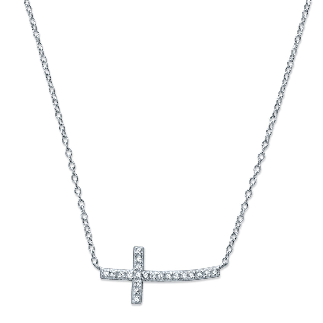 Round Cubic Zirconia Sideways Cross Necklace in Sterling Silver 18"-20" (.11 TCW) Image 1