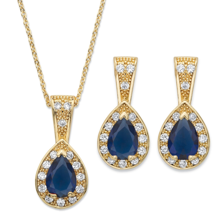 Pear Drop Simulated Blue Sapphire Crystal and Cubic Zirconia 2-Piece Earrings and Pendant Necklace Set 1.13 TCW in Gold Image 1