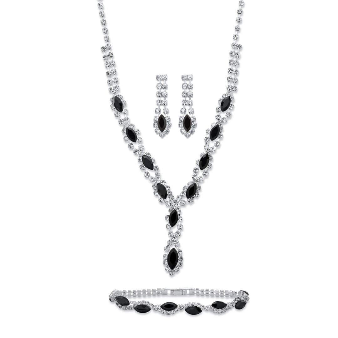 Marquise-Cut Black and White Crystal 3-Piece Halo EarringsTwisted Strand Necklace and Bracelet Set in Silvertone 18"-23" Image 1