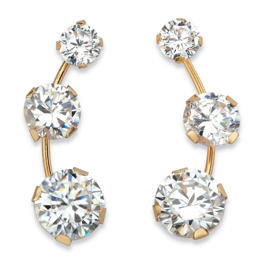 1.70 TCW Round White Cubic Zirconia 3-Stone Ear Climber Earrings in Solid 10k Yellow Gold Image 1