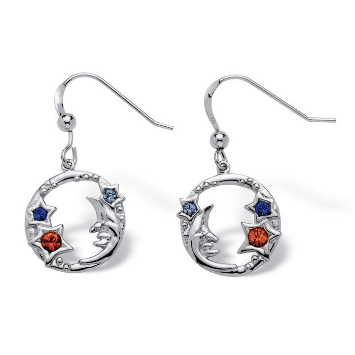 Round Crystal Sterling Silver Antique-Finish Moon and Stars Drop Earrings Image 1