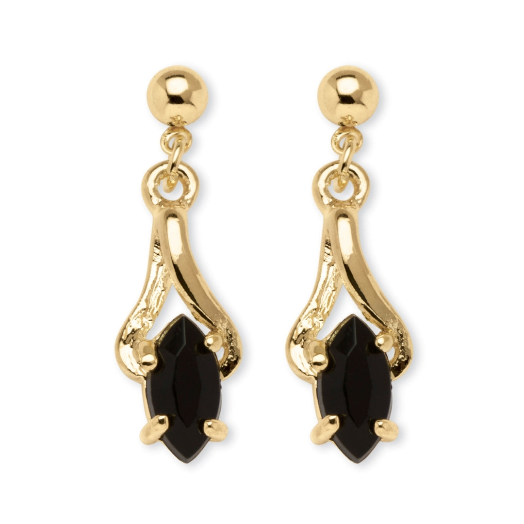 Marquise-Shaped Genuine Onyx Drop Earrings in Yellow Gold Tone Image 1