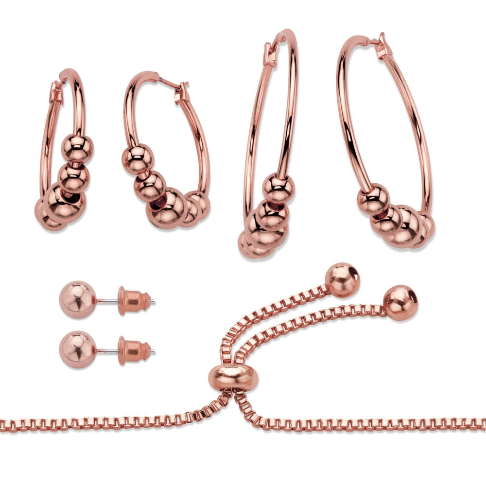4-Piece Set of Beaded Hoop EarringsBall Studs and Slider Bracelet in Rose Gold Tone 10" Image 2
