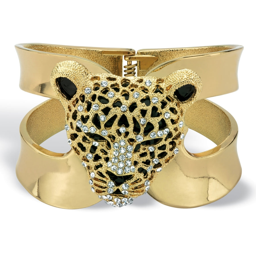 Crystal Leopard Hinged Cuff Bangle Bracelet in Gold Tone (50mm) Image 1