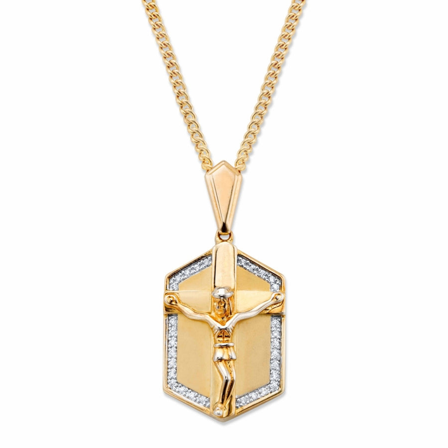 Mens Pave Cubic Zirconia Crucifix Pendant Necklace .15 TCW in 14K Yellow Gold-Plated 22" Image 1