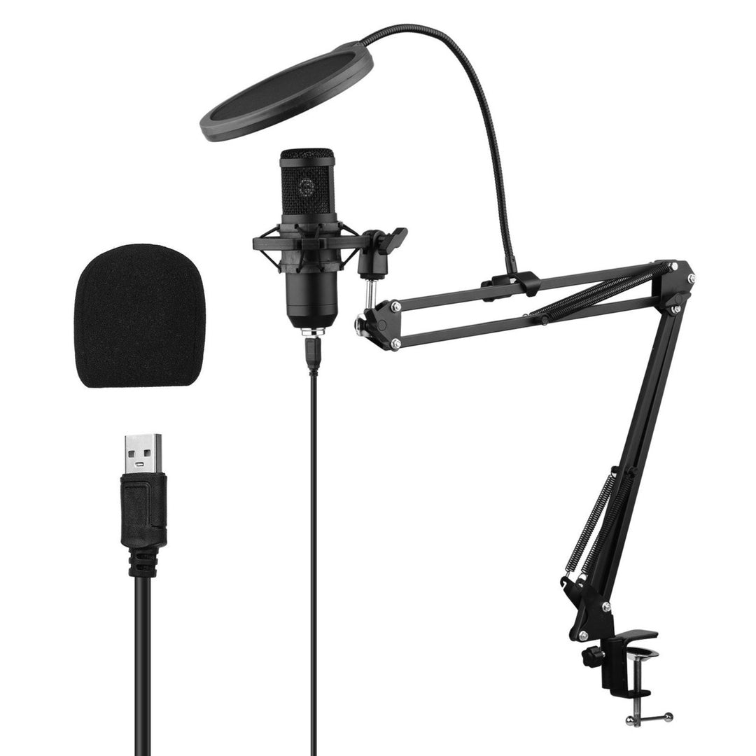 USB Condenser Microphone Set with Desk Mounting Clamp Scissor Arm Stand Pop Filter m*** Shock Mount Cable Image 1