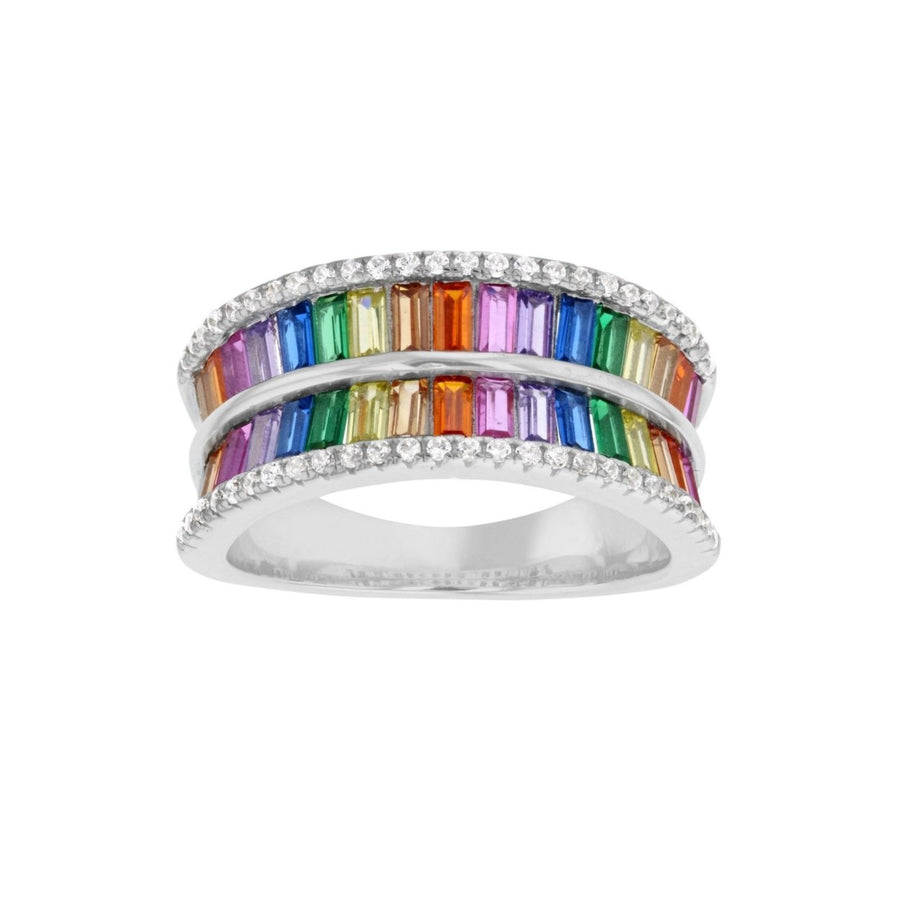 Sterling Silver 2 Row Multi Color Baguette Cubic Zirconia Ring Image 1