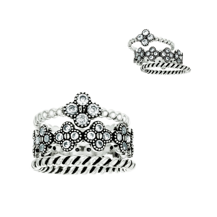 Sterling Silver 3 Piece Band Stackable CZ Oxidized Band Ring Image 3