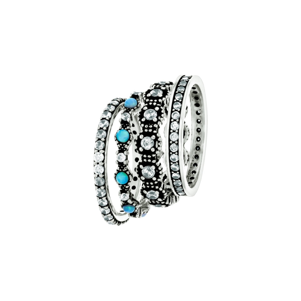 Sterling Silver 4 Piece Band Stackable Oxidized CZ Ring Image 2