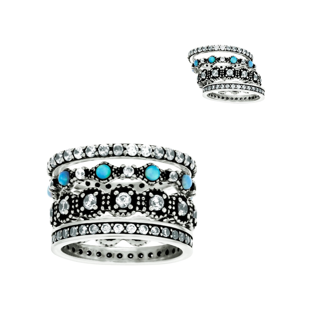 Sterling Silver 4 Piece Band Stackable Oxidized CZ Ring Image 3