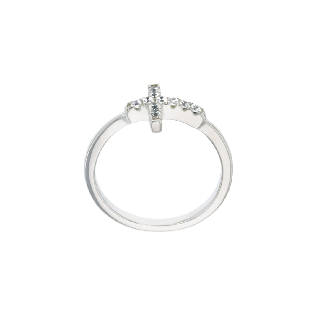 Sterling Silver Band with Cubic Zirconia Cross Dainty Ring Image 2