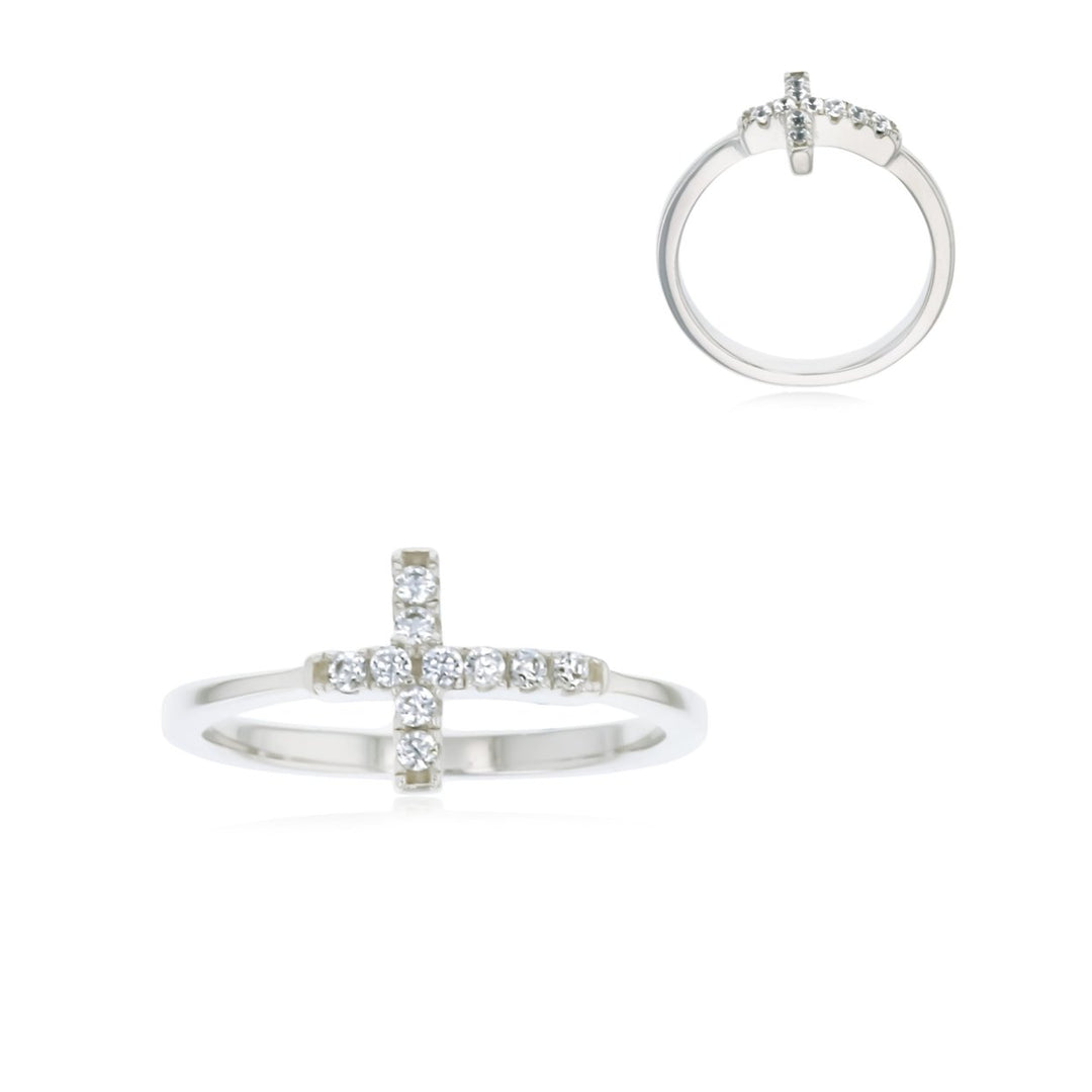 Sterling Silver Band with Cubic Zirconia Cross Dainty Ring Image 3