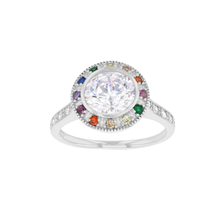 Sterling Silver Round Center Halo Multi Color CZ Ring Image 1