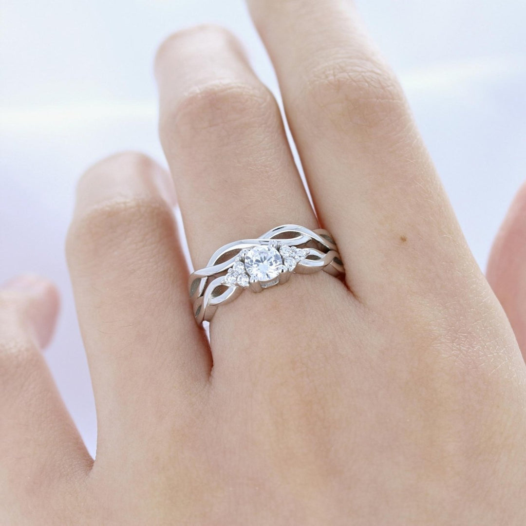 Sterling Silver Round CZ and Plain Braided Band 2 Piece Ring Image 4