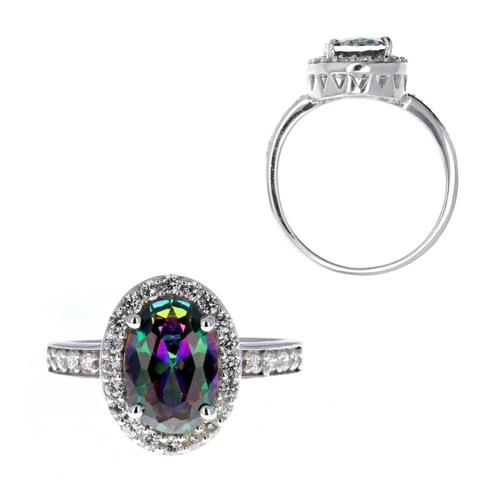 Sterling Silver Simulated Fire Rainbow Mystic Oval Cubic Zirconia Halo Ring Image 1