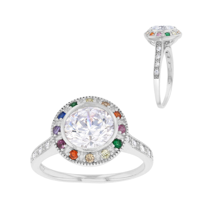 Sterling Silver Round Center Halo Multi Color CZ Ring Image 3