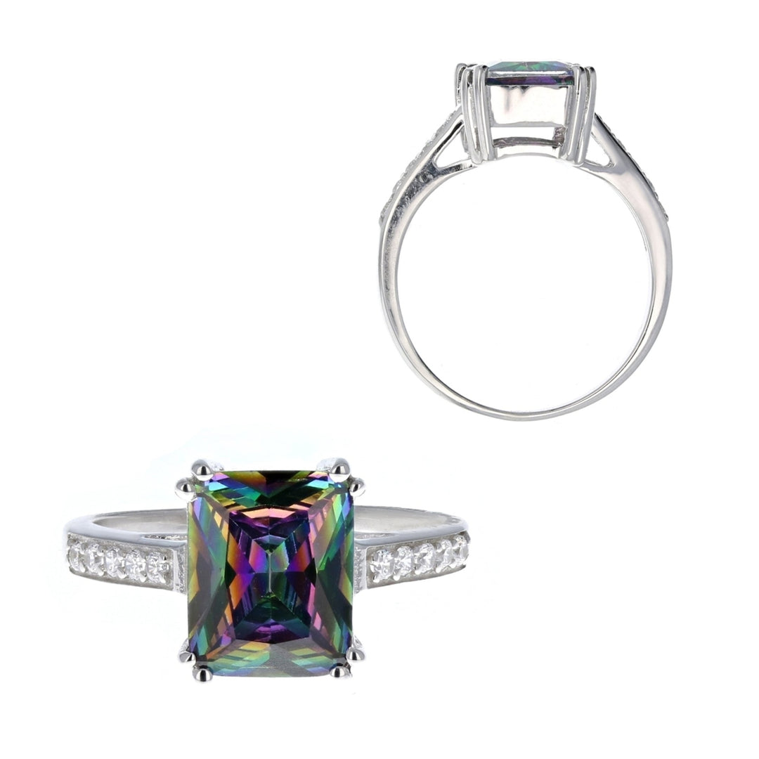 Sterling Silver Simulated Fire Rainbow Mystic Rectangle Cubic Zirconia Ring Image 1