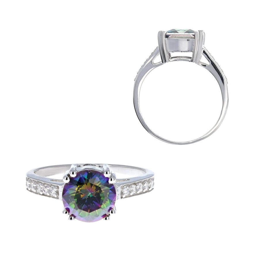 Sterling Silver Simulated Fire Rainbow Mystic Round Cubic Zirconia Ring Image 1