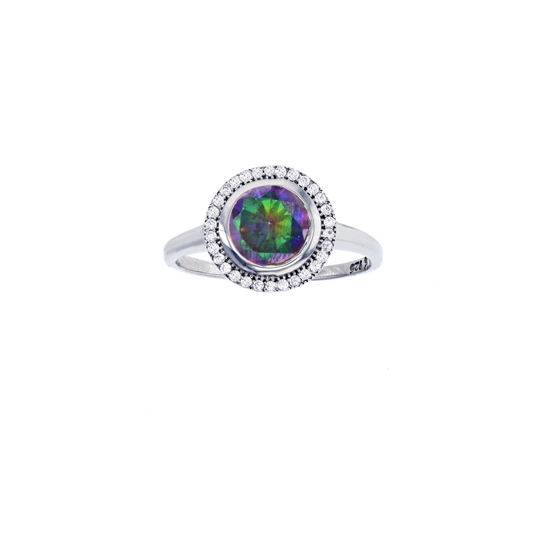 Sterling Silver Simulated Fire Rainbow Mystic Round Cubic Zirconia Halo Ring Image 1