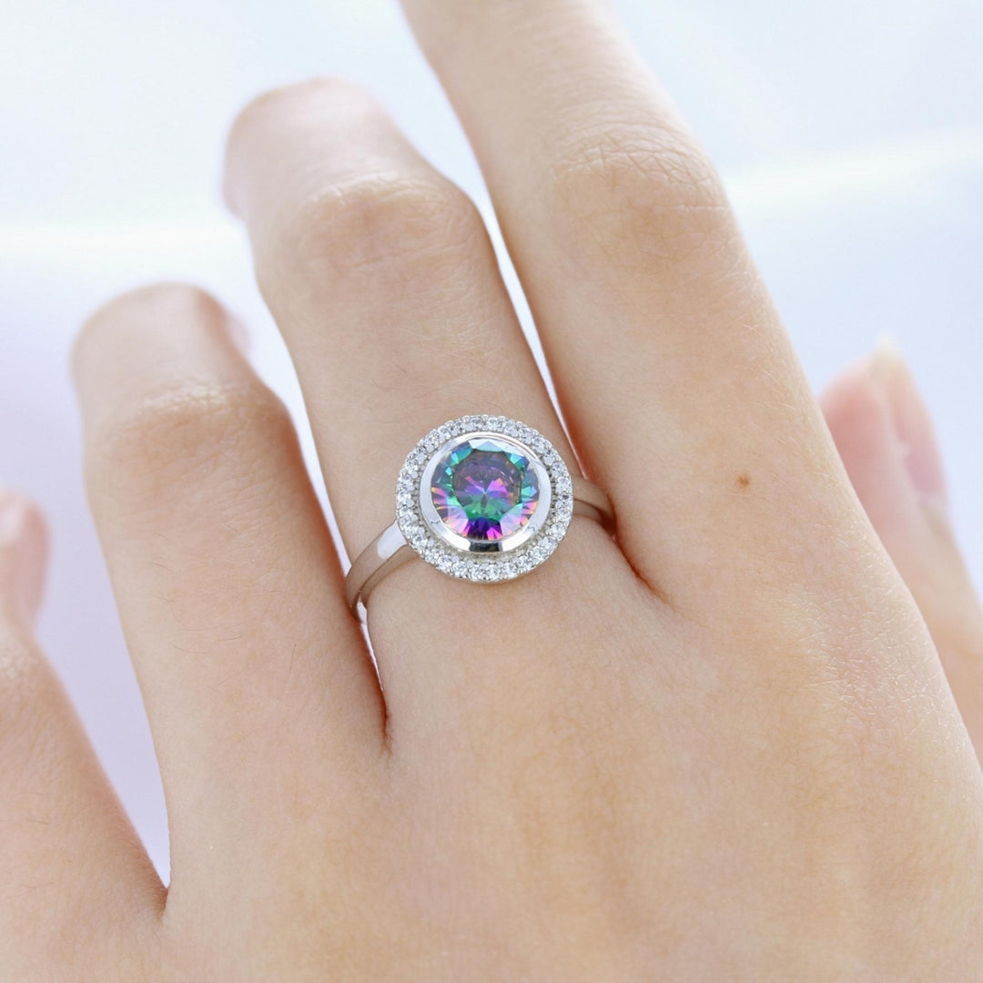 Sterling Silver Simulated Fire Rainbow Mystic Round Cubic Zirconia Halo Ring Image 2