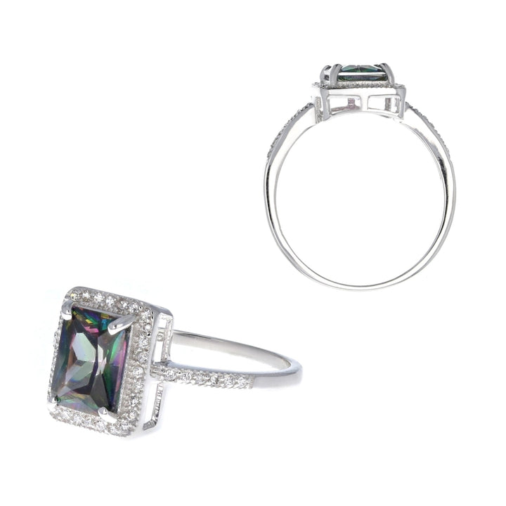 Sterling Silver Simulated Rainbow Mystic Emerald Cut Cubic Zirconia Halo Ring Image 1