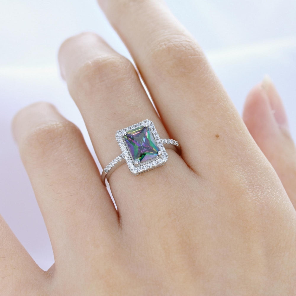 Sterling Silver Simulated Rainbow Mystic Emerald Cut Cubic Zirconia Halo Ring Image 2