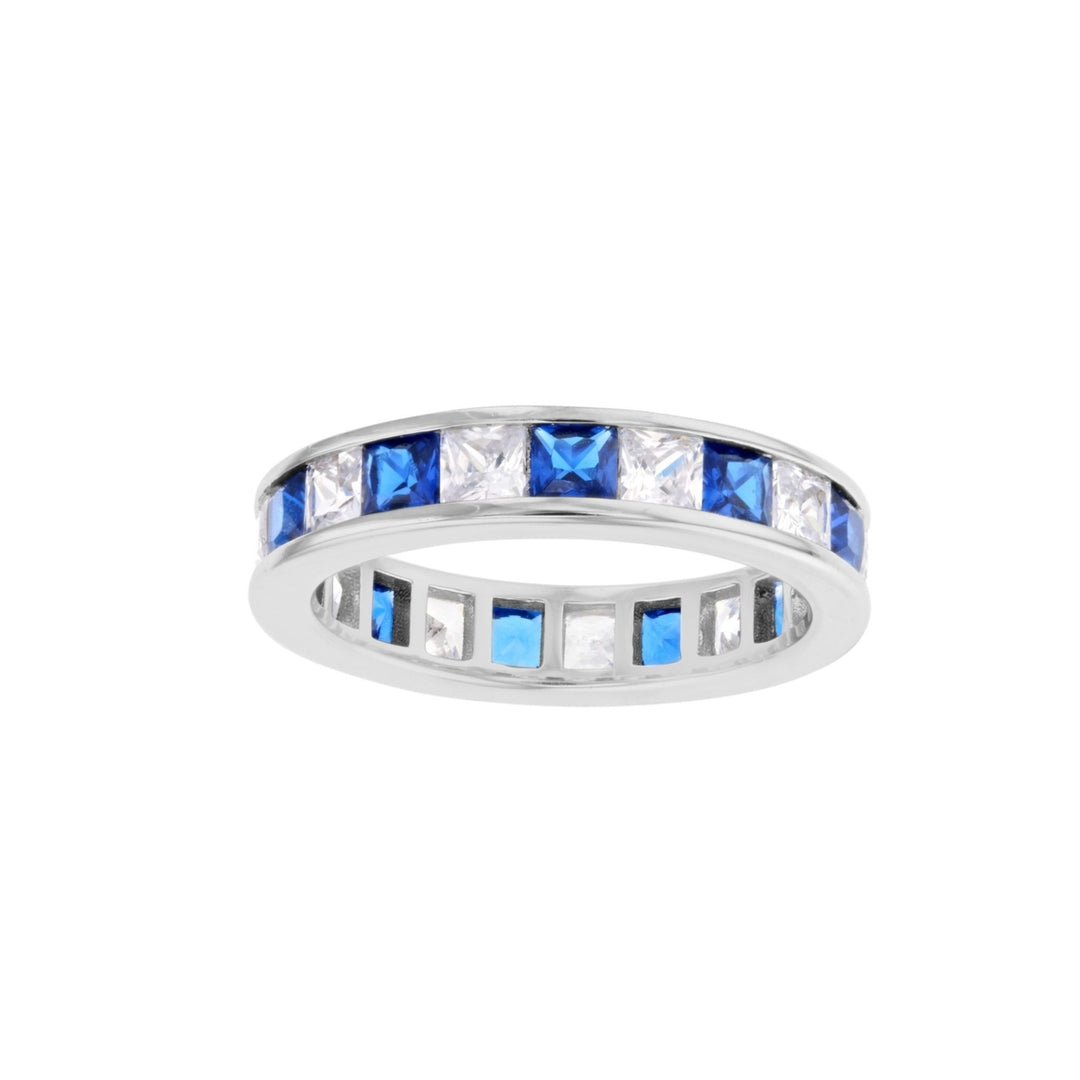 Sterling Silver Simulated Square Sapphire CZ and Clear CZ Eternity Band Ring Image 1