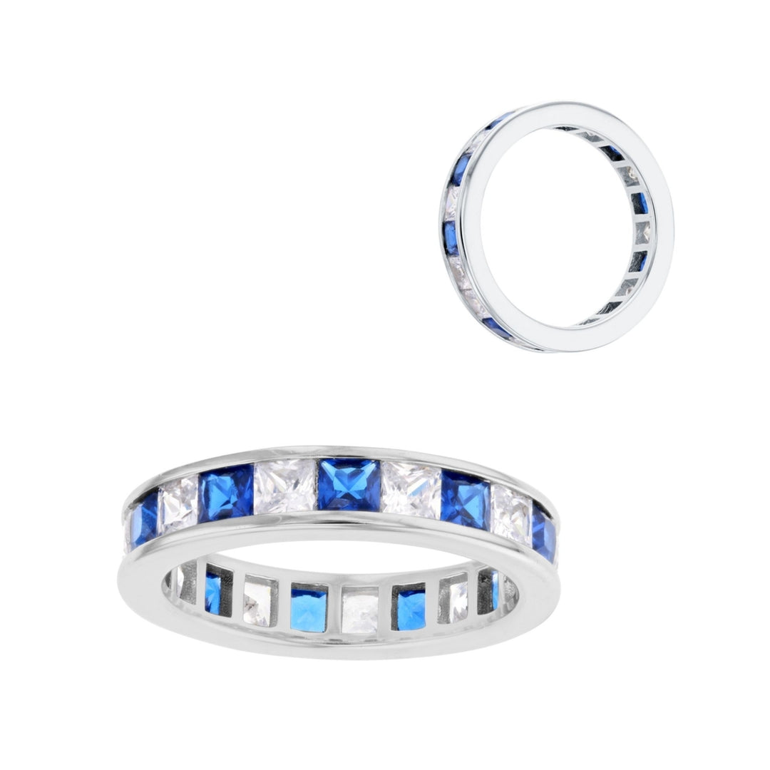 Sterling Silver Simulated Square Sapphire CZ and Clear CZ Eternity Band Ring Image 3