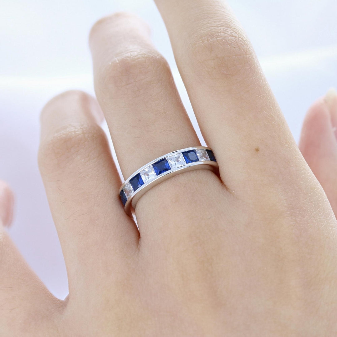 Sterling Silver Simulated Square Sapphire CZ and Clear CZ Eternity Band Ring Image 4