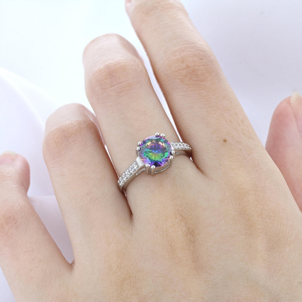 Sterling Silver Simulated Fire Rainbow Mystic Round Cubic Zirconia Ring Image 2