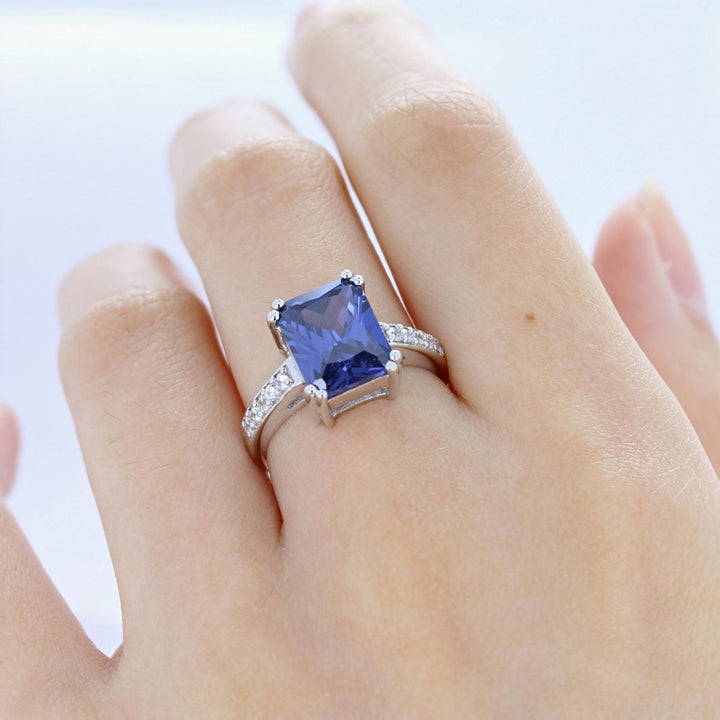 Sterling Silver Simulated Tanzanite Cubic Zirconia Rectangle Ring Image 2