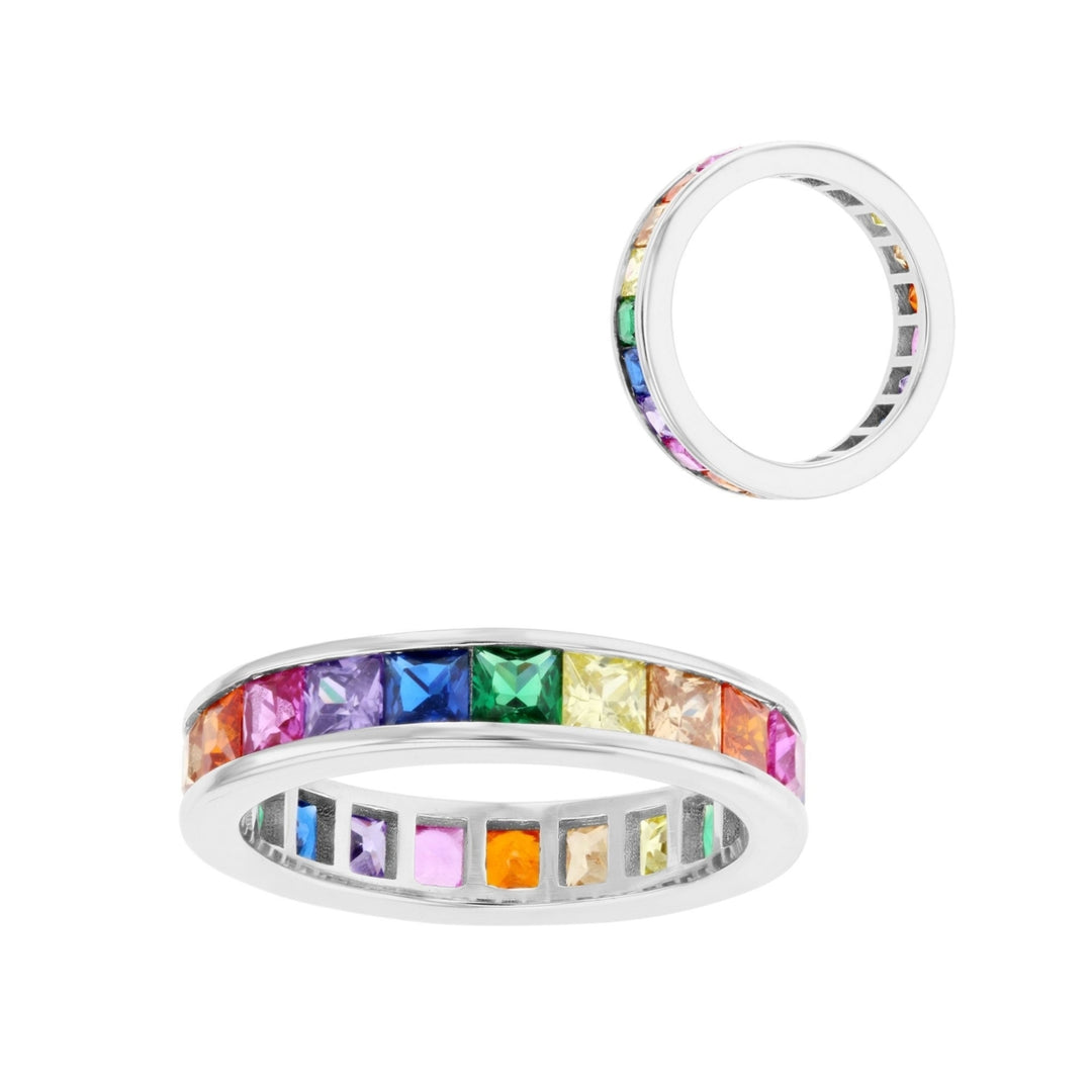 Sterling Silver Square Multi Color Cubic Zirconia Eternity Band Ring Image 3