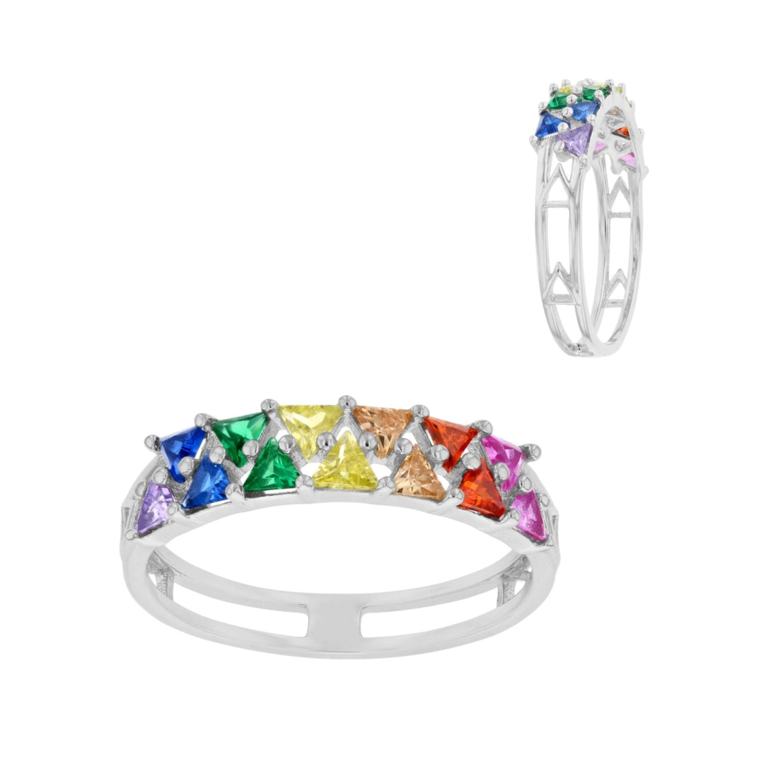 Sterling Silver Triangle Multi Color Cubic Zirconia Ring Image 3