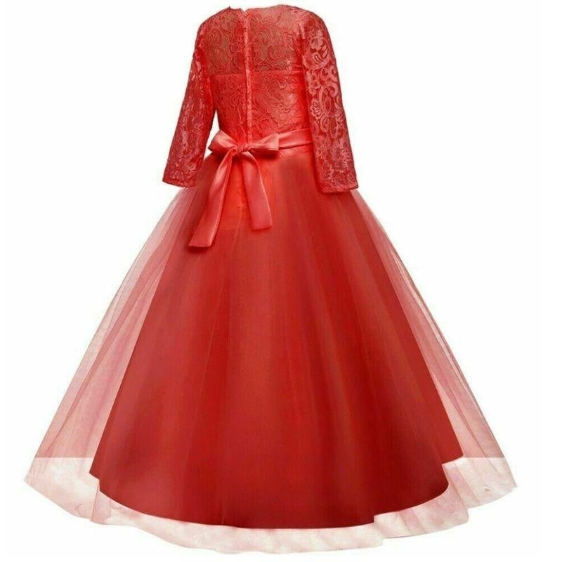 Girls Lace Formal Dress Bowknot 3/4 Sleeve Maxi Dress Wedding Performance Tutu Party Dresses Image 4