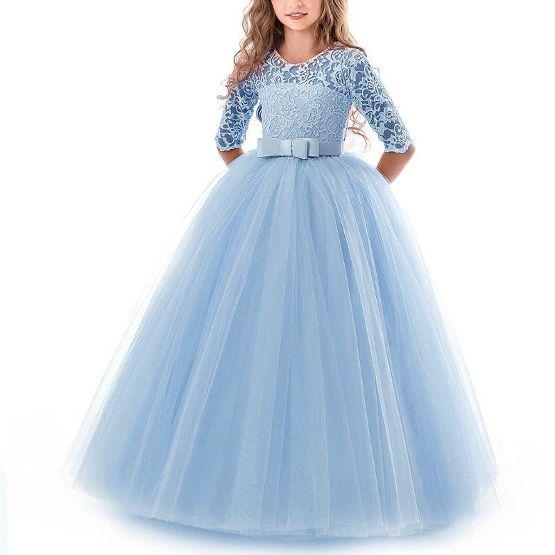 Girls Lace Formal Dress Bowknot 3/4 Sleeve Maxi Dress Wedding Performance Tutu Party Dresses Image 6