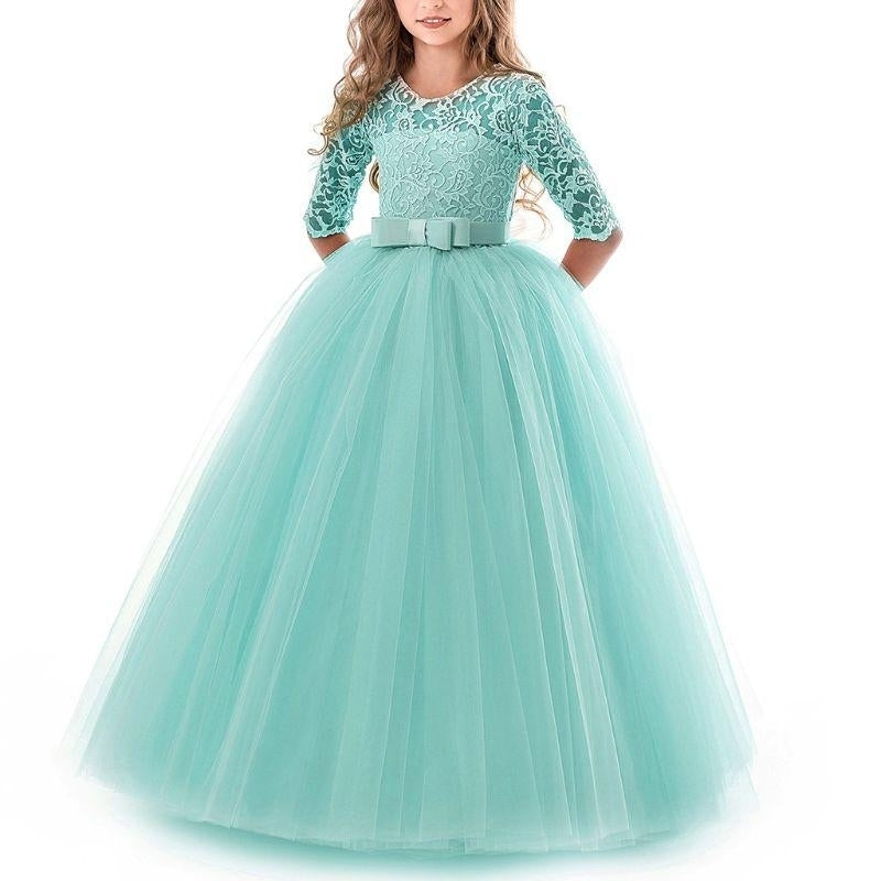 Girls Lace Formal Dress Bowknot 3/4 Sleeve Maxi Dress Wedding Performance Tutu Party Dresses Image 8