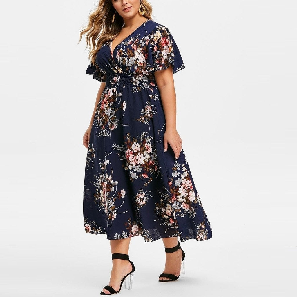 Plus Size Floral Tulip Sleeve Maxi Dress for Summer Image 3