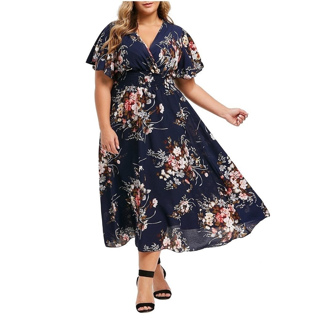 Plus Size Floral Tulip Sleeve Maxi Dress for Summer Image 1