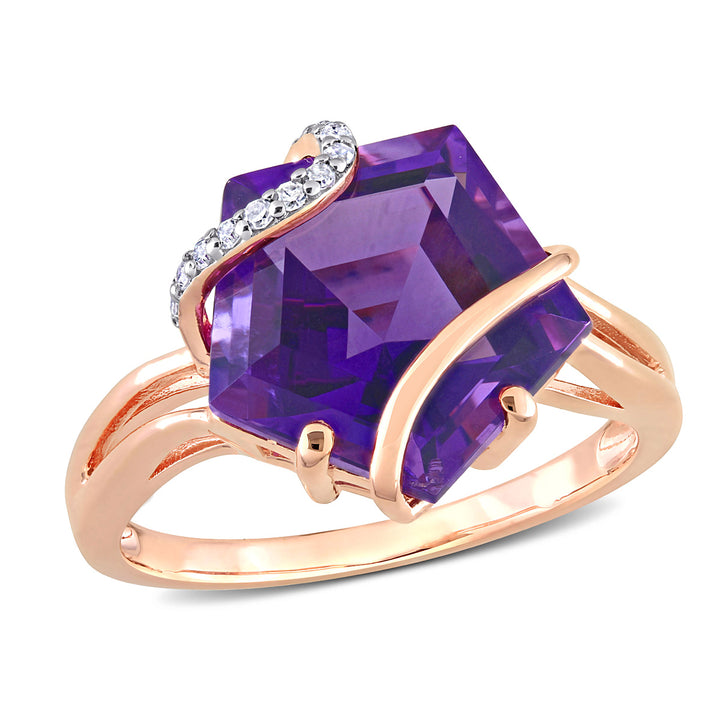 6.00 Carat (ctw) Amethyst Ring in Rose Plated Sterling Silver with Accent Diamonds Image 1