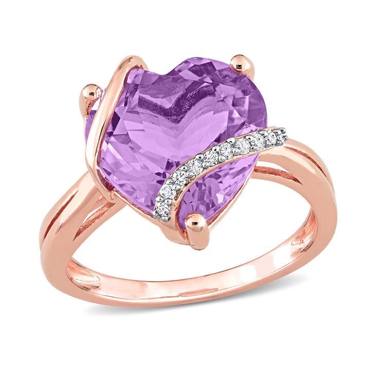 6.50 Carat (ctw) Amethyst Promise Heart Ring in Rose Plated Sterling Silver with Accent Diamonds Image 1