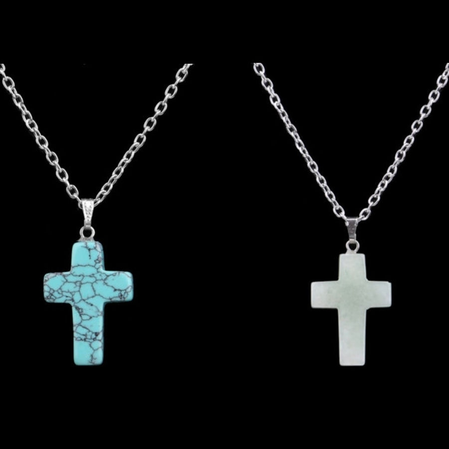 Sterling Silver Natural Gemstone Cross Pendant Necklace Image 1