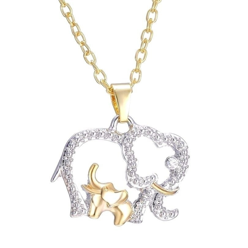 18K Gold Plated Mom and Baby Elephants Pendant Necklace Charm Image 1
