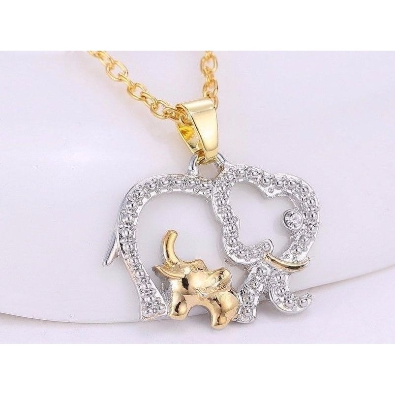 18K Gold Plated Mom and Baby Elephants Pendant Necklace Charm Image 3