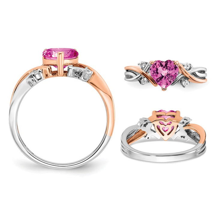 1.12 Carat (ctw) Lab-Created Pink Sapphire Heart Ring in 14K White and Yellow Gold with Diamonds Image 3