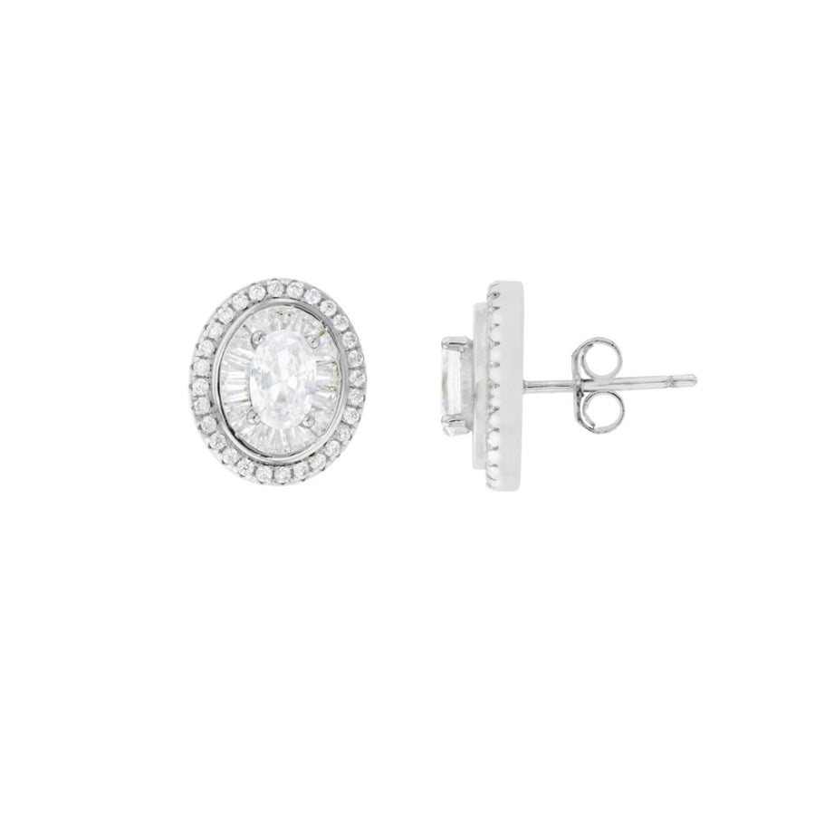 Sterling Silver Baguette and Oval Center Halo CZ Earring Image 1