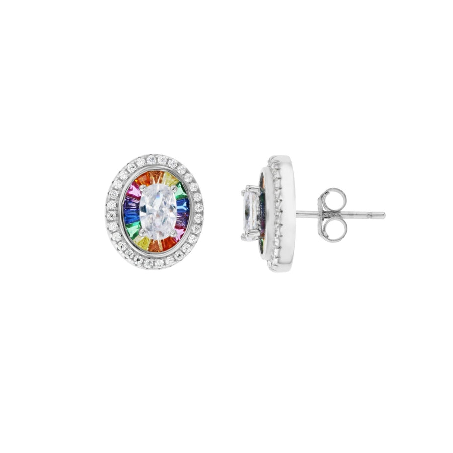 Sterling Silver Baguette and Oval Center Halo Multi Color CZ Earring Image 1