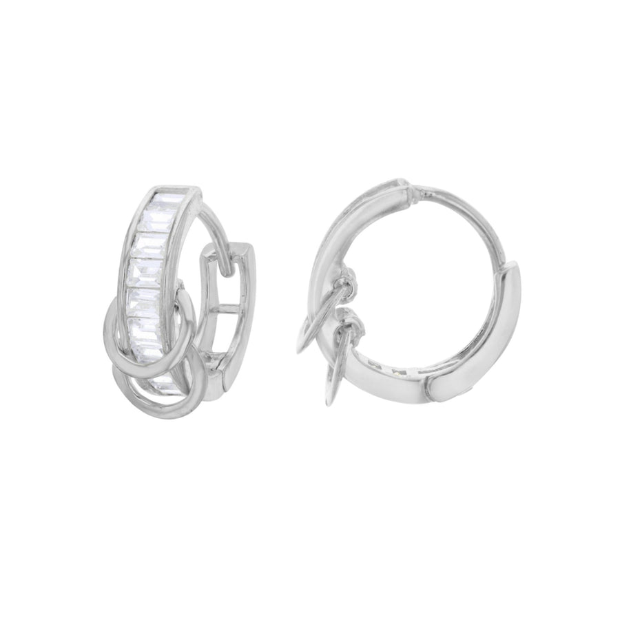 Sterling Silver Baguette CZ and Double Circle Huggie Earring Image 1